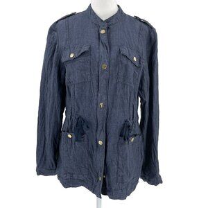 Chico's 100% Linen Utility Shirt Jacket Shacket Navy Blue Gold size Medium